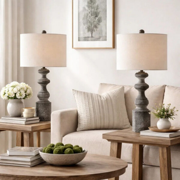 31 Inch Accent Table Lamp, Resin Turned Base, Set of 2, Beige, Gray