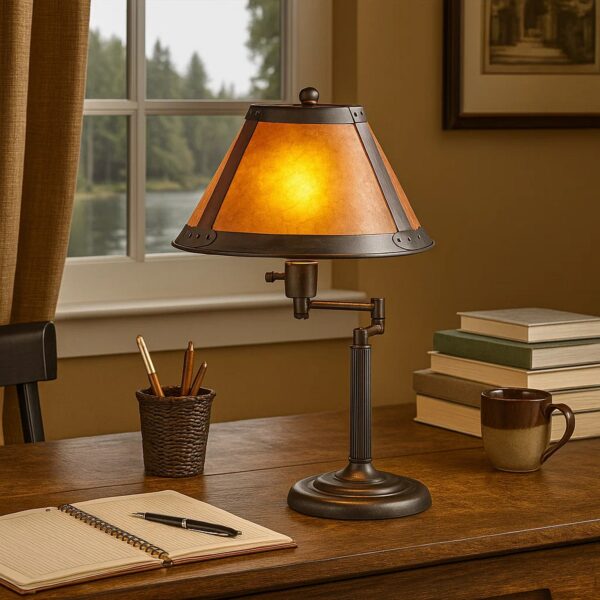 Metal Body Swing Arm Table Lamp with Conical Mica Shade, Bronze