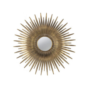 28 Inch Wall Mount Accent Mirror with Round Sunburst Iron Frame, Gold