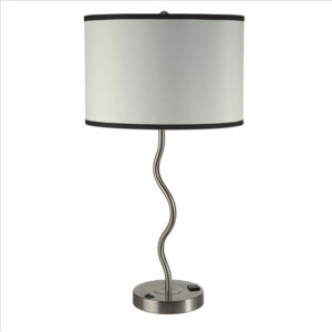 29 Inch Round Drum Shade Table Lamp, Curved Tubular Frame, Silver