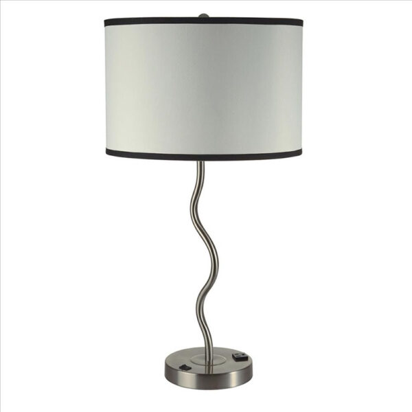 29 Inch Round Drum Shade Table Lamp, Curved Tubular Frame, Silver