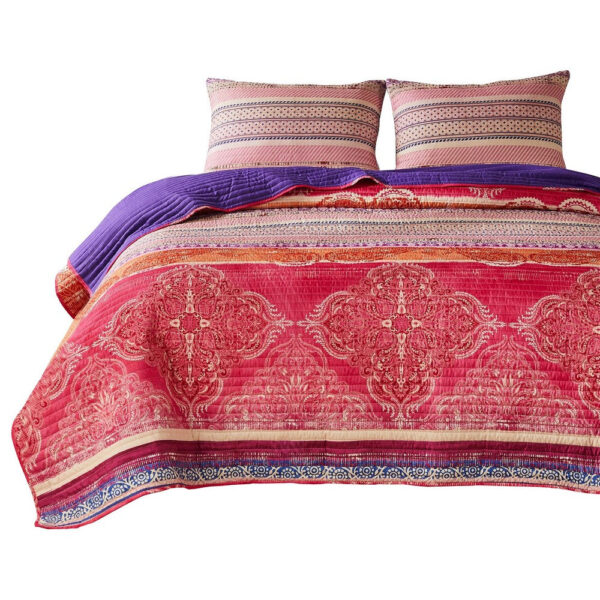 Dora 3 Piece Bohemian Full Quilt Set, Medallion, Paisley, Pink, Blue