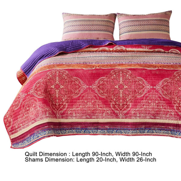 Dora 3 Piece Bohemian Full Quilt Set, Medallion, Paisley, Pink, Blue