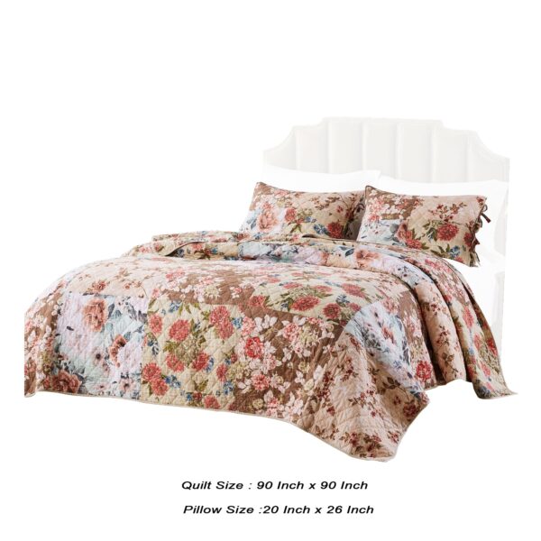 Rome 3 Piece Microfiber Reversible Floral Print Queen Quilt Set, Multicolor