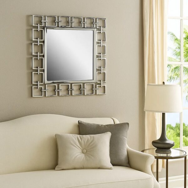 Modern Style Metal Openwork Square Framed Mirror, Silver