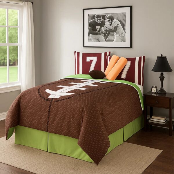 5 Piece Twin Comforter Set with Football Field Print, Brown and Green