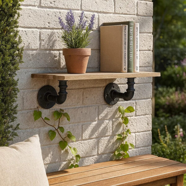 Ley 18 Inch Wood Wall Mount Shelf, Metal Pipe Design, Brown, Black