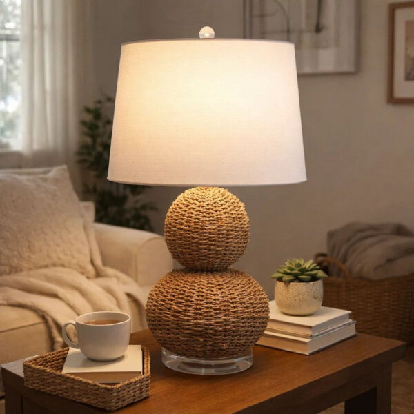 25 Inch Table Lamp, Rattan Woven, Inverted Tapered Shade, White, Beige