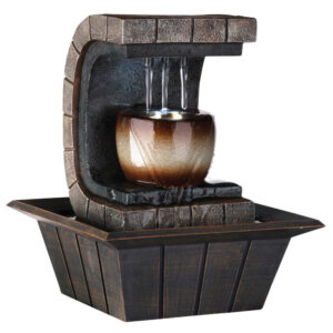 C Shaped Polyresin Frame Fountain with Tapered Base and LED Lights, Brown