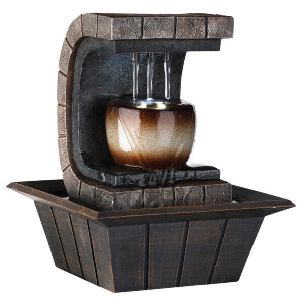 C Shaped Polyresin Frame Fountain with Tapered Base and LED Lights, Brown