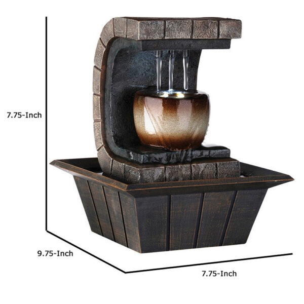 C Shaped Polyresin Frame Fountain with Tapered Base and LED Lights, Brown