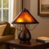 Pot Bellied Metal Body Table Lamp with Conical Mica Shade, Bronze