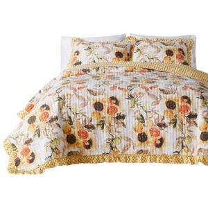 Kelsa 2 Piece Twin Quilt Set with Pillow Sham, Cotton, Ruffled Border, Gold