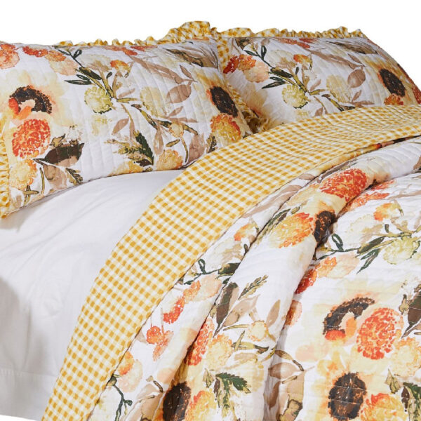 Kelsa 2 Piece Twin Quilt Set with Pillow Sham, Cotton, Ruffled Border, Gold