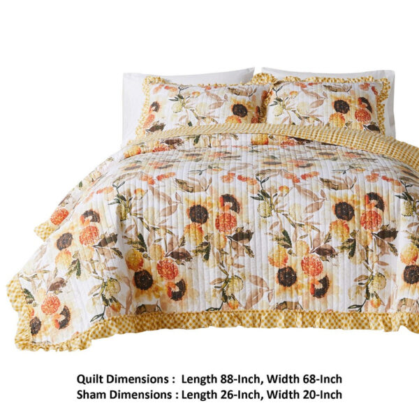 Kelsa 2 Piece Twin Quilt Set with Pillow Sham, Cotton, Ruffled Border, Gold