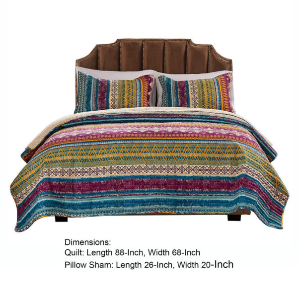 Tribal Motif Print Cotton Twin Quilt Set with 1 Pillow Sham, Multicolor