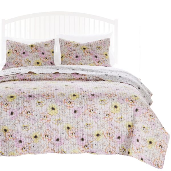 Milan 3 Piece Microfiber Blooming Flower Pattern Queen Quilt Set, White and Pink