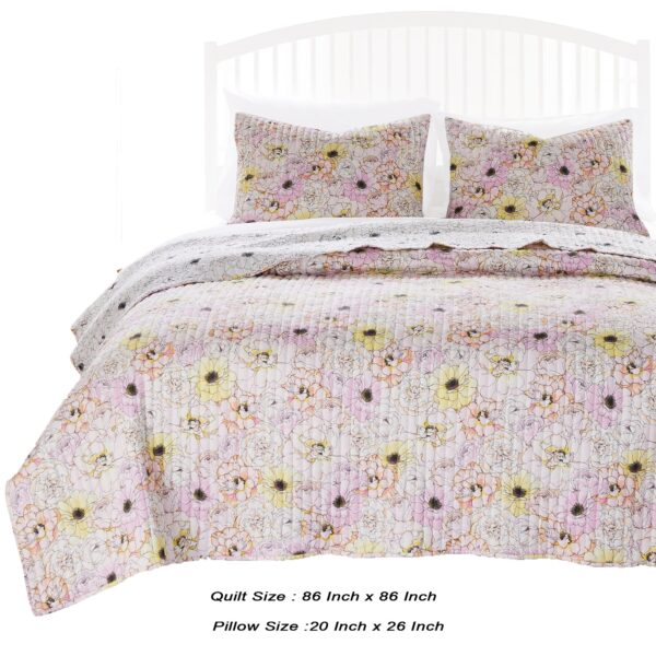 Milan 3 Piece Microfiber Blooming Flower Pattern Queen Quilt Set, White and Pink
