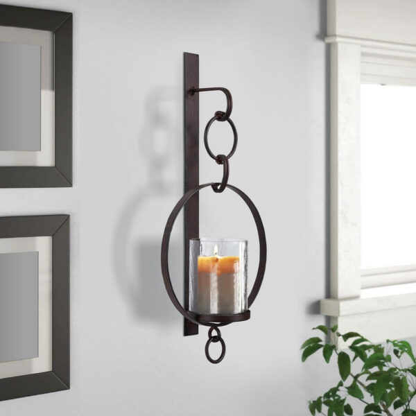 Metal Wall Sconce with Glass Hurricane and Chain Design Holder, Black