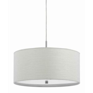 Drum Style Pendant Fixture with Fabric Shade and Brushed Details, White