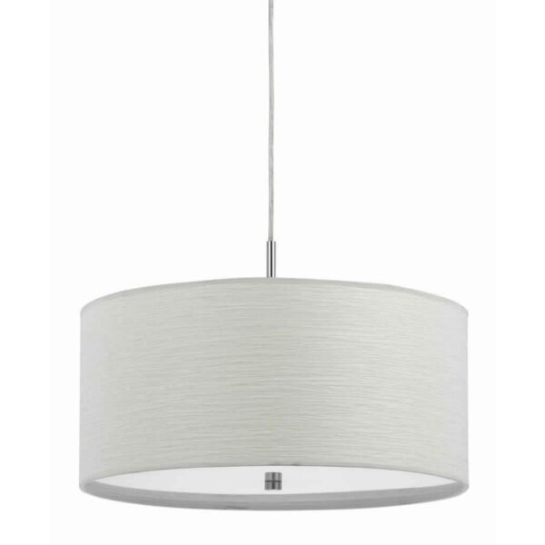 Drum Style Pendant Fixture with Fabric Shade and Brushed Details, White