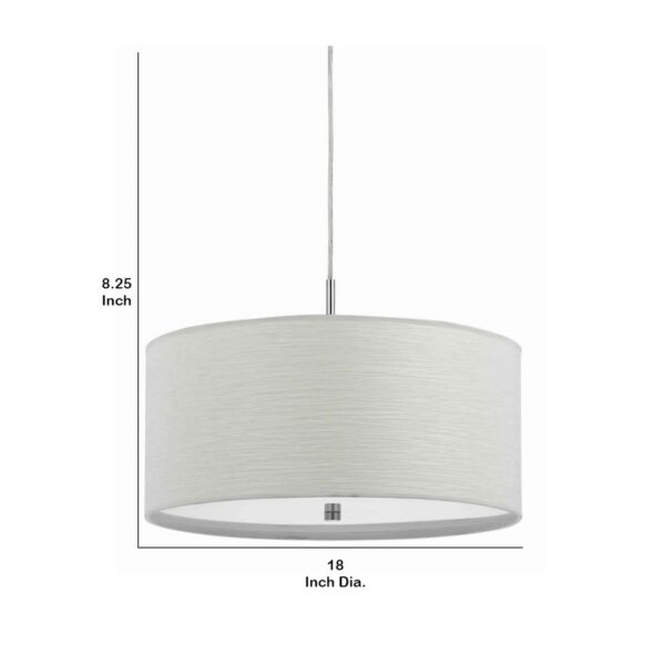 Drum Style Pendant Fixture with Fabric Shade and Brushed Details, White