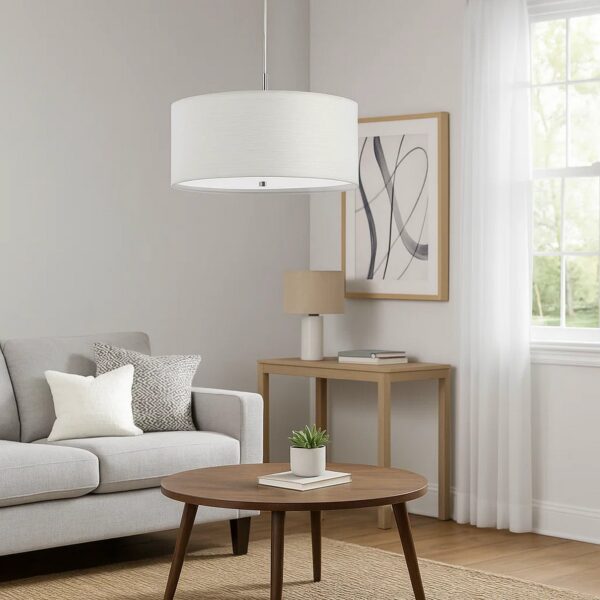 Drum Style Pendant Fixture with Fabric Shade and Brushed Details, White