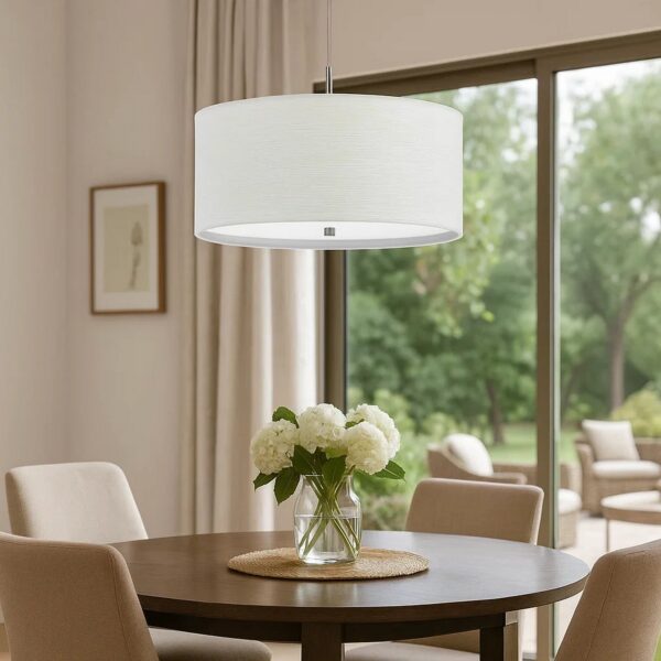Drum Style Pendant Fixture with Fabric Shade and Brushed Details, White