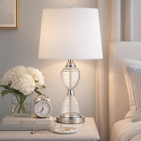 23 Inch Hourglass Ribbed Glass Base Table Lamp, Dimmer, Clear
