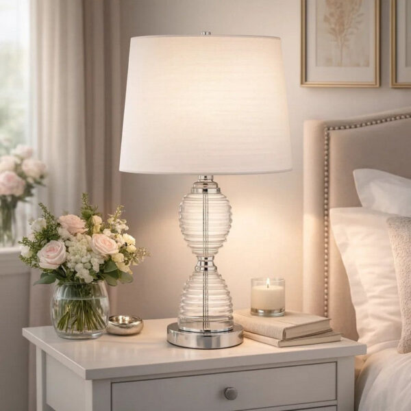23 Inch Hourglass Ribbed Glass Base Table Lamp, Dimmer, Clear