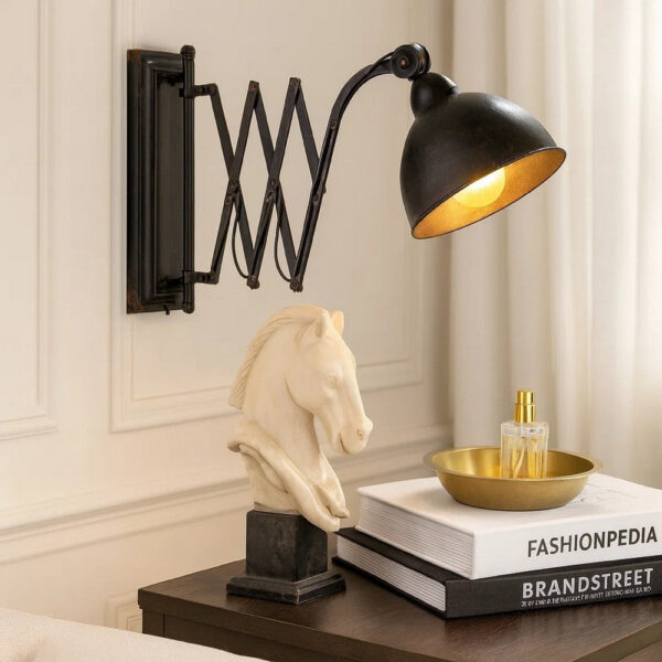 18 Inch Wall Mounted Lamp, Extendable Accordion Arm, Iron, Antique Black