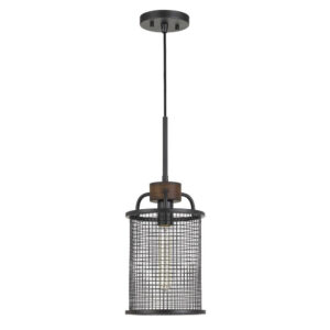 Cylindrical Grid Design Metal Chandelier with Wooden Accent, Black
