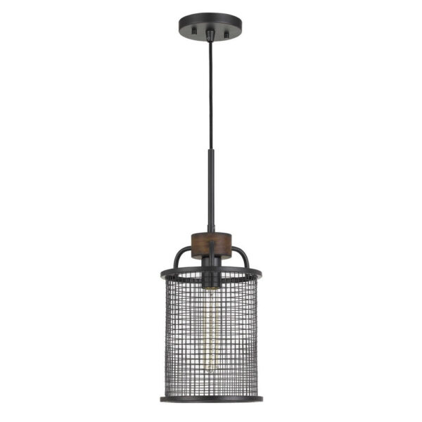 Cylindrical Grid Design Metal Chandelier with Wooden Accent, Black