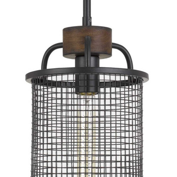 Cylindrical Grid Design Metal Chandelier with Wooden Accent, Black