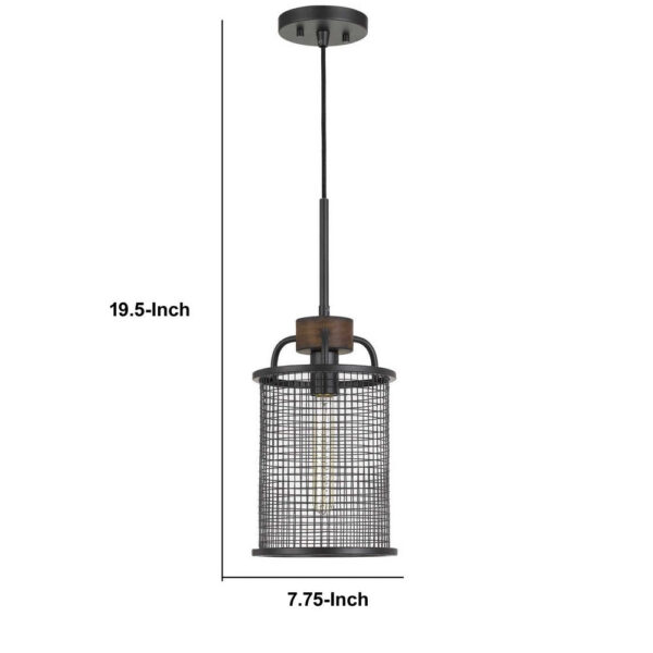 Cylindrical Grid Design Metal Chandelier with Wooden Accent, Black