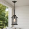 Cylindrical Grid Design Metal Chandelier with Wooden Accent, Black