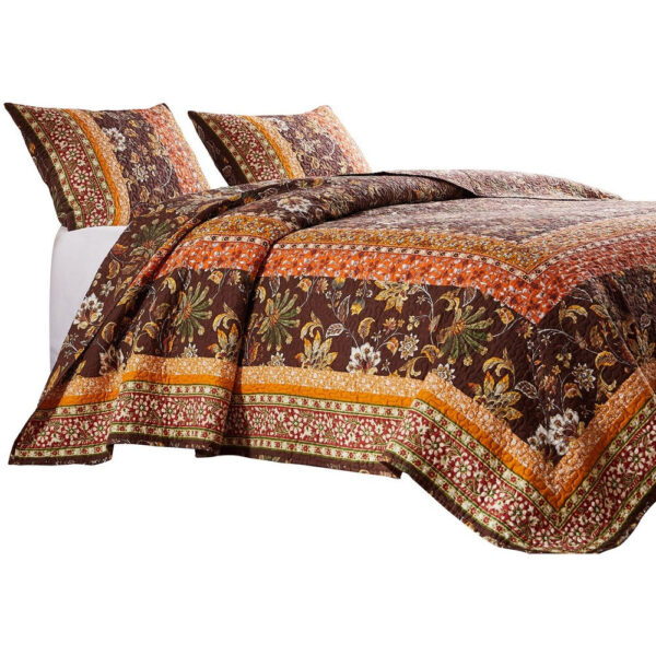 Dill 2 Piece Twin Quilt Set, Bohemian, Jacobean Floral Print, Brown, Orange