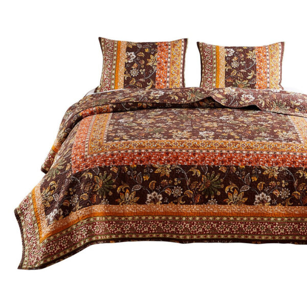 Dill 2 Piece Twin Quilt Set, Bohemian, Jacobean Floral Print, Brown, Orange