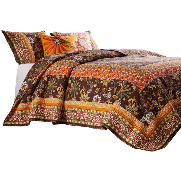 Dill 2 Piece Twin Quilt Set, Bohemian, Jacobean Floral Print, Brown, Orange