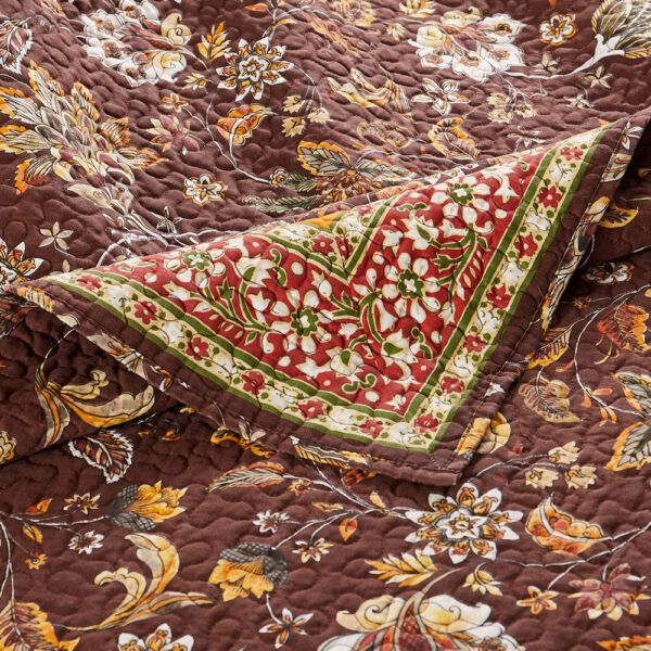Dill 2 Piece Twin Quilt Set, Bohemian, Jacobean Floral Print, Brown, Orange