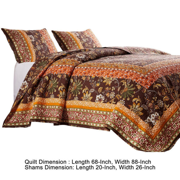 Dill 2 Piece Twin Quilt Set, Bohemian, Jacobean Floral Print, Brown, Orange