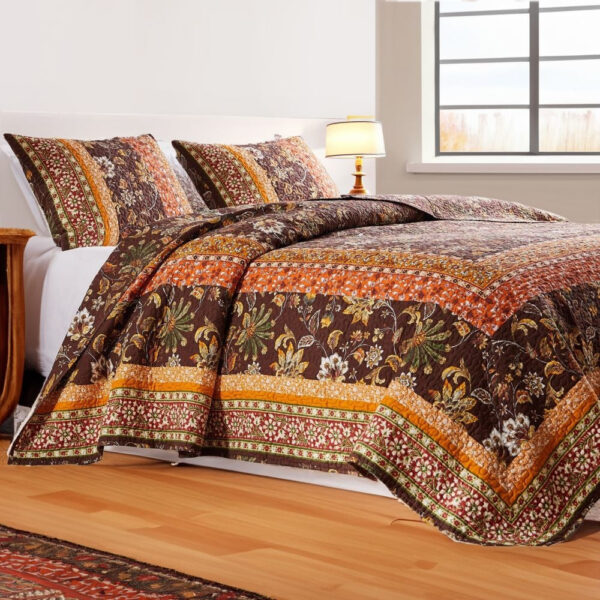 Dill 2 Piece Twin Quilt Set, Bohemian, Jacobean Floral Print, Brown, Orange