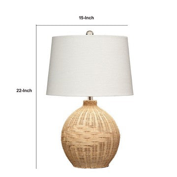 Cape 22 Inch Contemporary Rattan Table Lamp, Hand Woven, Linen Shade, Brown