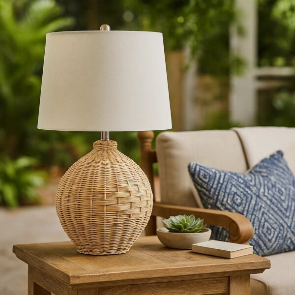 Cape 22 Inch Contemporary Rattan Table Lamp, Hand Woven, Linen Shade, Brown