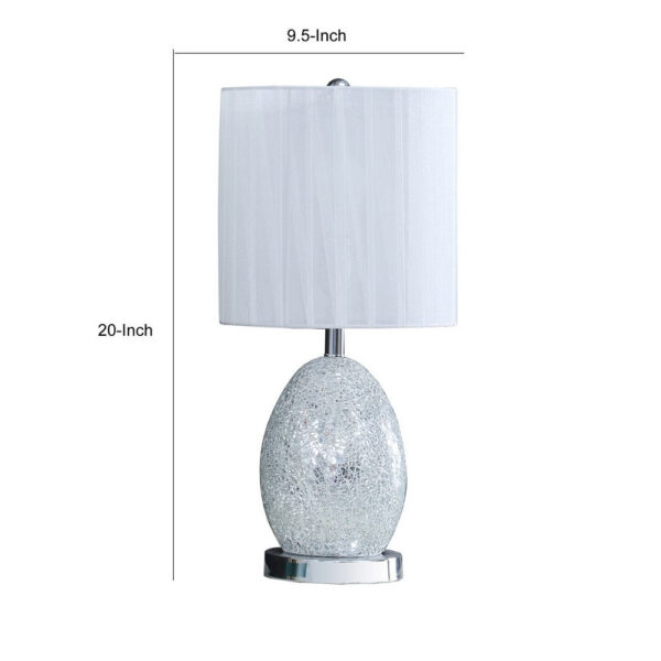 20 Inch Glass Table Lamp, 9W LED, 3 Way Switch, Egg Shape, Silver