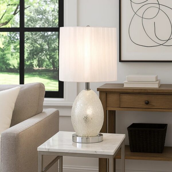 20 Inch Glass Table Lamp, 9W LED, 3 Way Switch, Egg Shape, Silver
