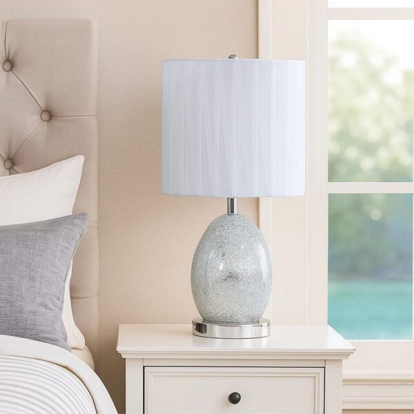 20 Inch Glass Table Lamp, 9W LED, 3 Way Switch, Egg Shape, Silver