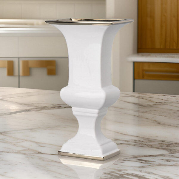 14 Inch Decorative Ceramic Vase, Artistic Turned Urn, White and Gold Rim
