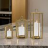 19, 15, 11 Inch Lanterns, Set of 3, Tea Light Glass Holders, Modern, Gold