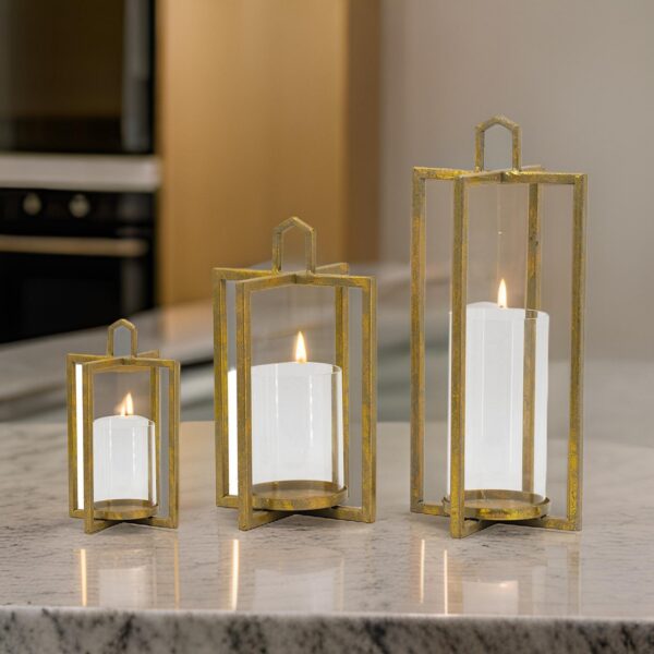 19, 15, 11 Inch Lanterns, Set of 3, Tea Light Glass Holders, Modern, Gold